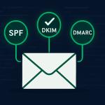 Email envelope flanked by SPF, DKIM, and DMARC verification badges illustrating email authentication.