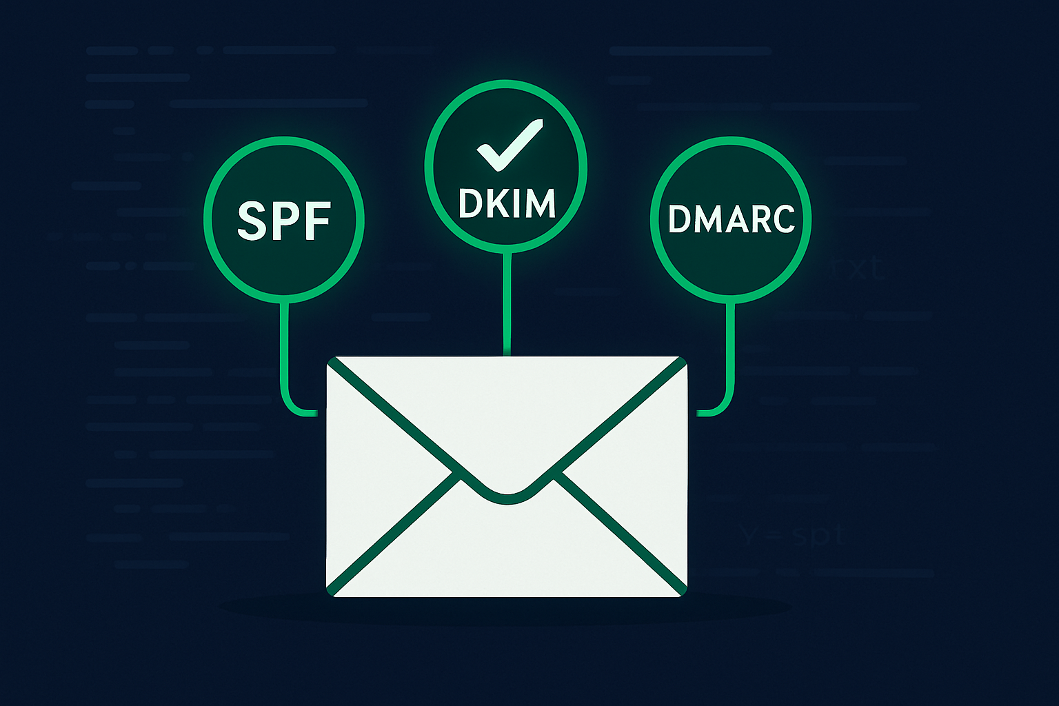 Email envelope flanked by SPF, DKIM, and DMARC verification badges illustrating email authentication.