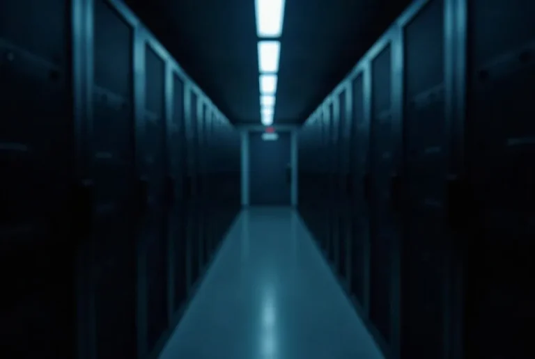 Dark data centre aisle lit by a single overhead light