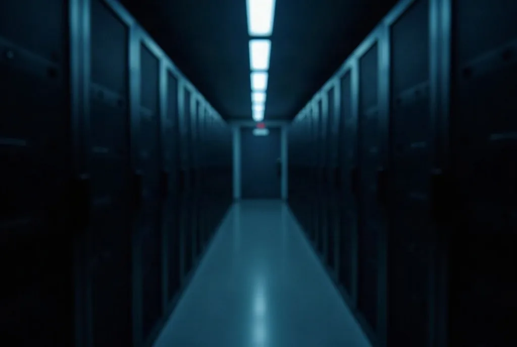 Dark data center aisle lit by a single overhead light