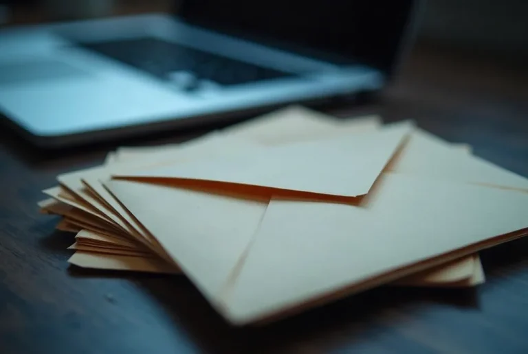 Stack of paper envelopes beside a closed laptop