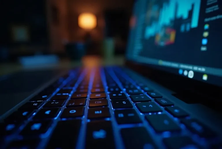 Backlit laptop keyboard glowing in a dark office