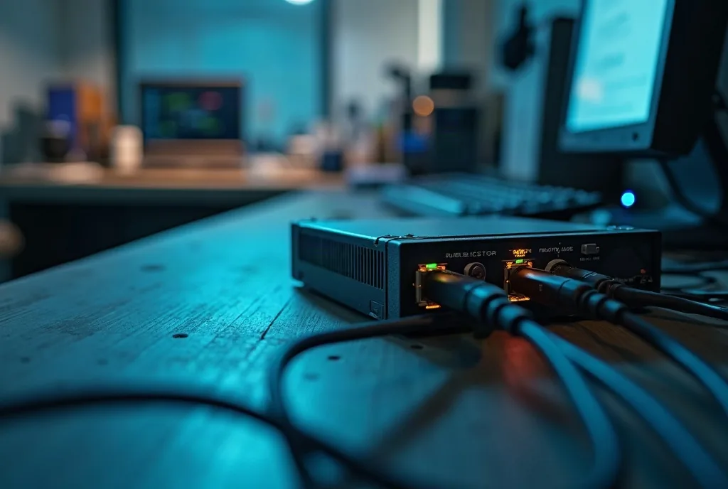 Network cable tester and cables on a workbench