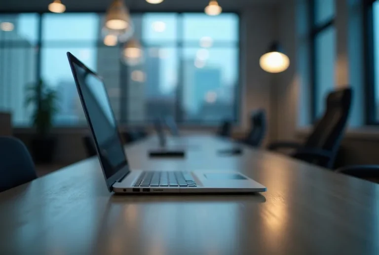 Modern office desk with an open laptop and no people