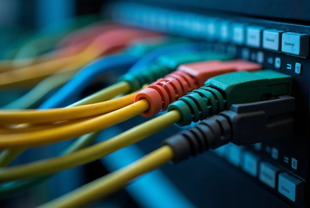 Patch panel filled with many coloured network cables