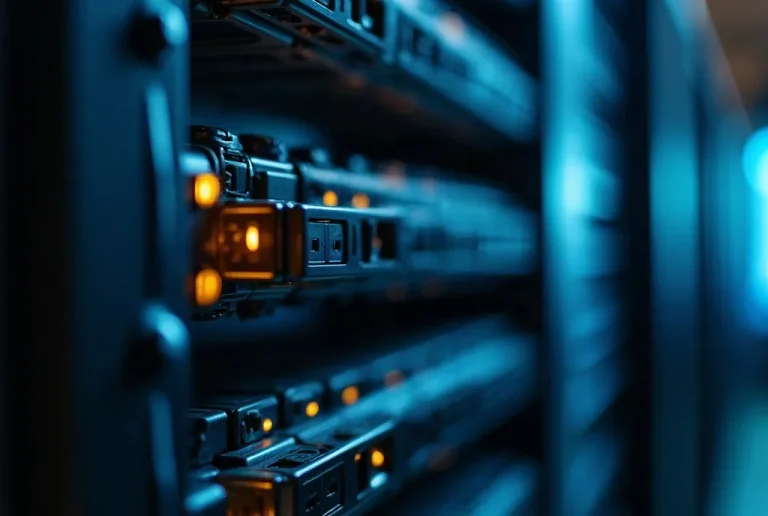 Hard drives mounted in a rack storage array