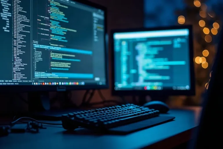 Workbench at night with two monitors and network tools