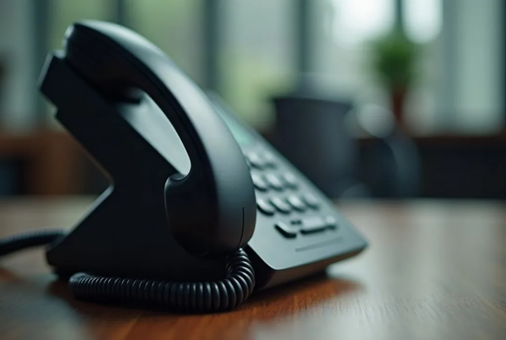 Business desk phone handset resting on its cradle