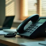Desk phone on a small business office desk, laptop and paperwork out of focus behind it, afternoon light through window blinds