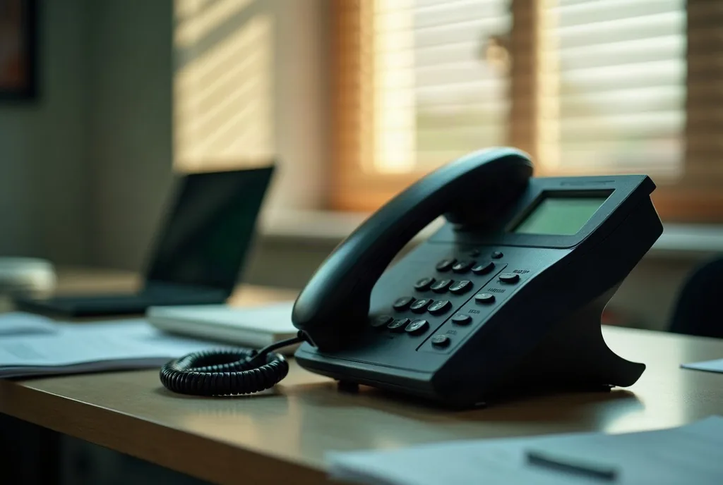 Desk phone on a small business office desk, laptop and paperwork out of focus behind it, afternoon light through window blinds