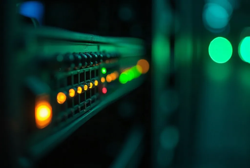 Server rack panel with a single amber warning light among green ones