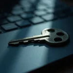 A single key lying on a dark keyboard under a shaft of light