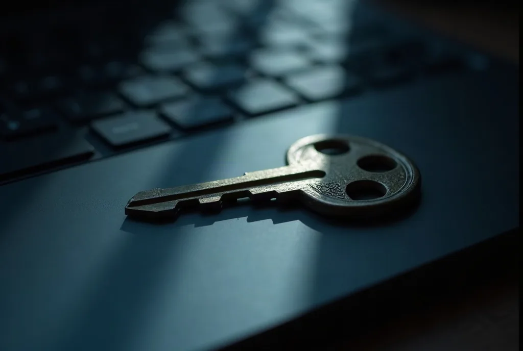 A single key lying on a dark keyboard under a shaft of light