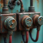 Old weathered junction boxes with copper wiring on a wall