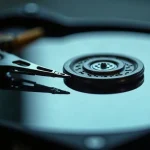Opened hard drive showing the platter and head