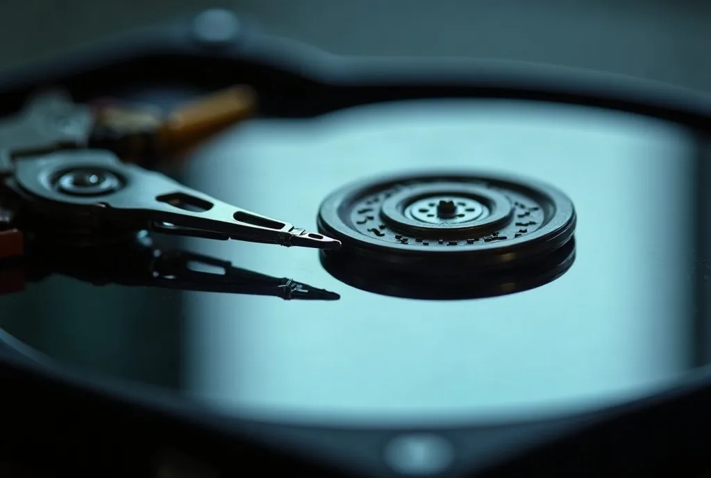 Opened hard drive showing the platter and head