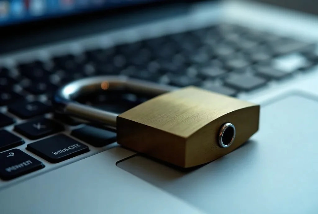 Brass padlock lying on a laptop keyboard