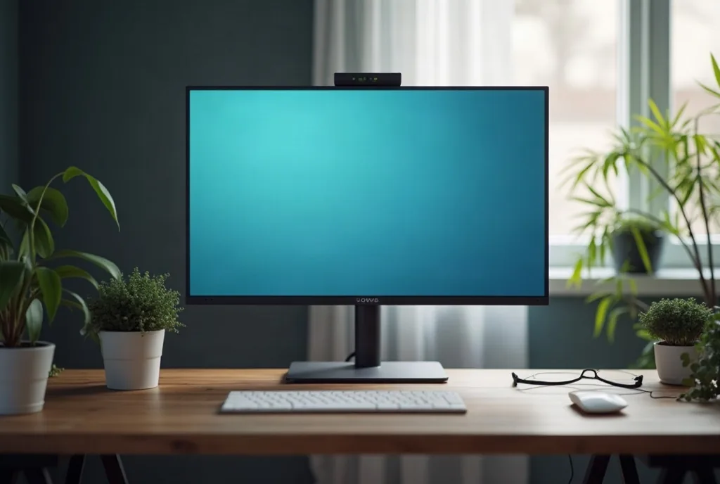 Tidy home office desk with a widescreen monitor