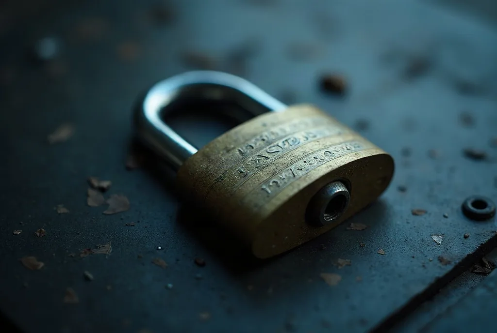 Heavy steel padlock on a dark metal surface