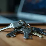 Bunch of keys on a wooden desk beside a laptop