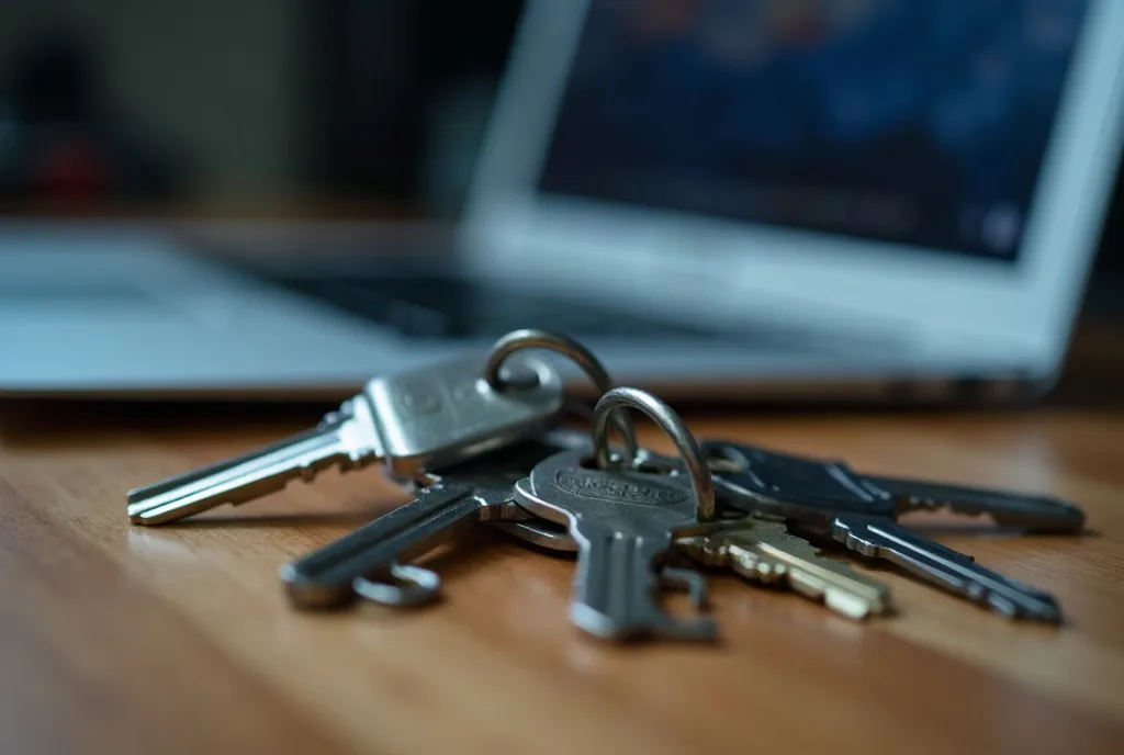 Bunch of keys on a wooden desk beside a laptop