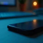 Smartphone lying face down on a desk at night
