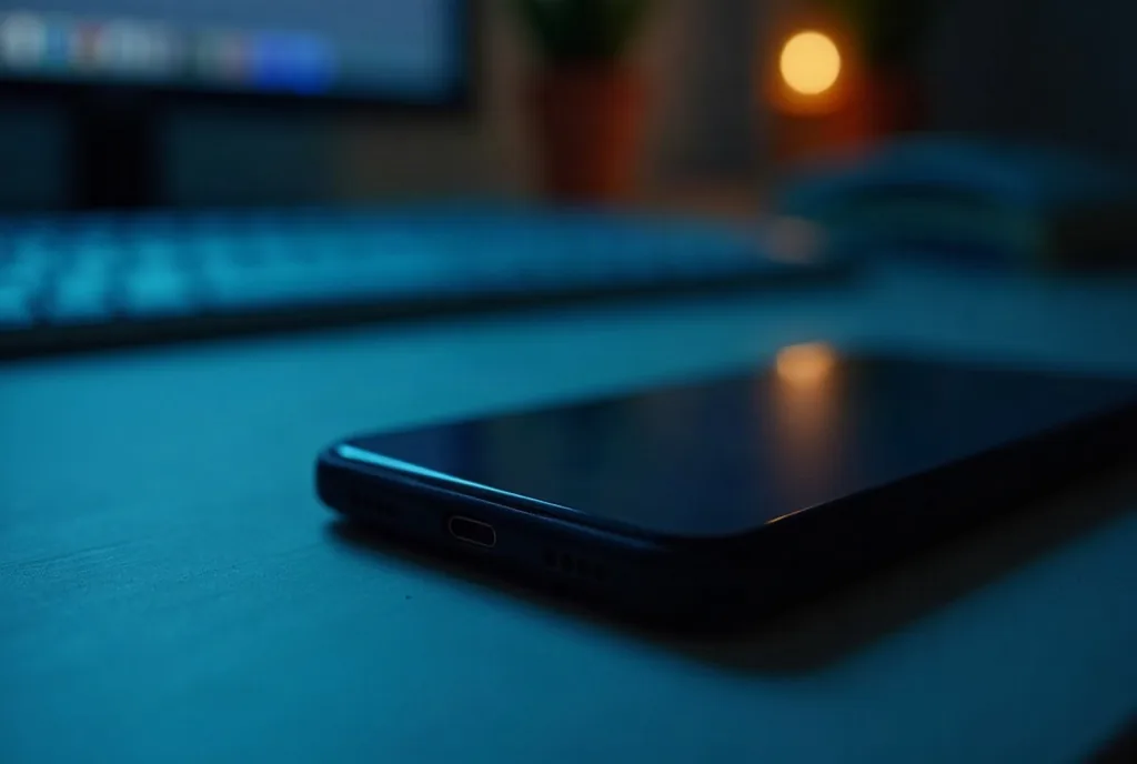 Smartphone lying face down on a desk at night