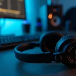 Studio microphone and headphones on a desk