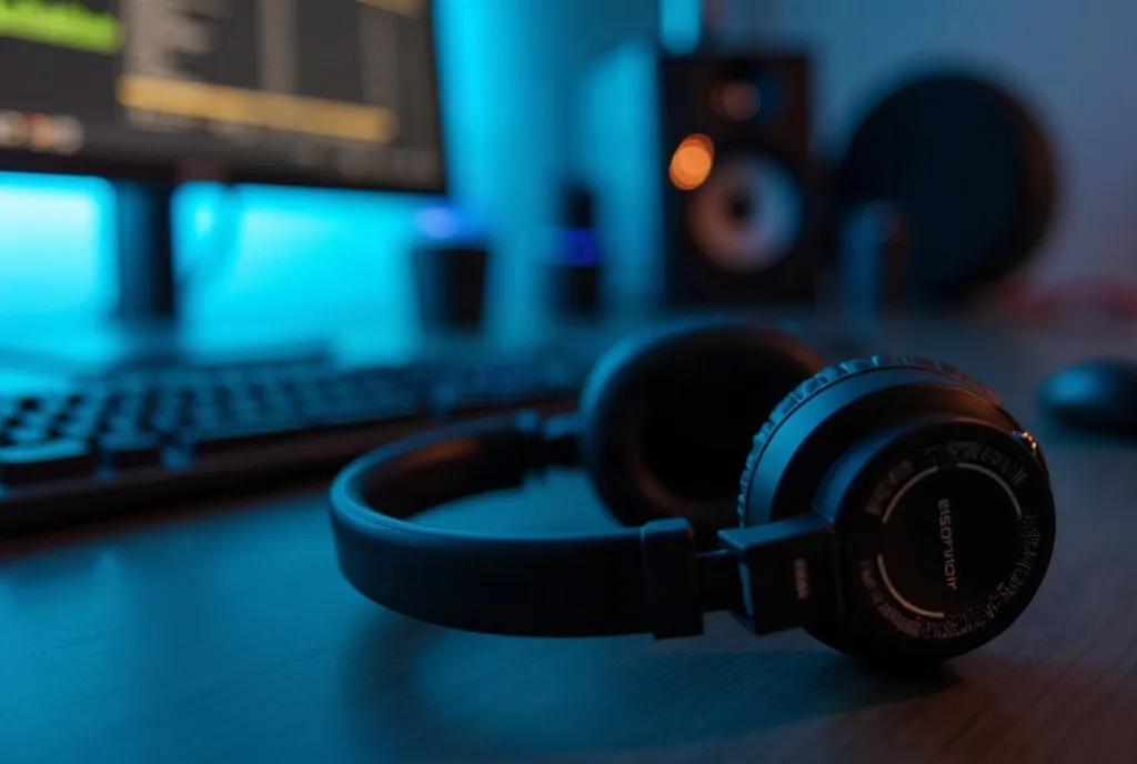 Studio microphone and headphones on a desk