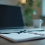 Laptop open next to a paper notebook and pen