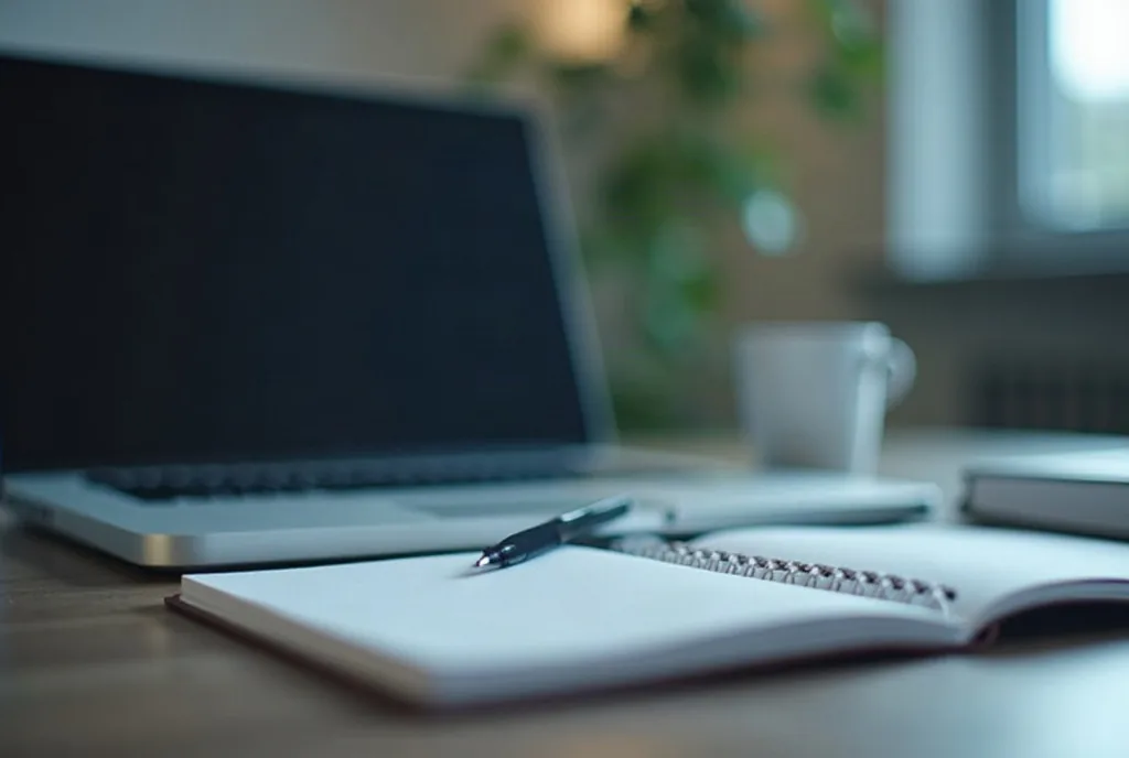 Laptop open next to a paper notebook and pen