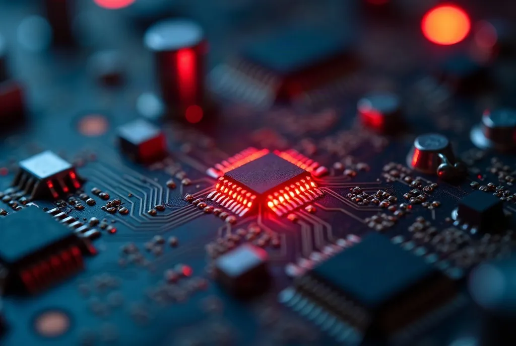 Circuit board with one red glowing component