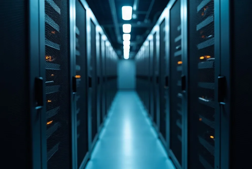 Server rack aisle with neatly routed cables