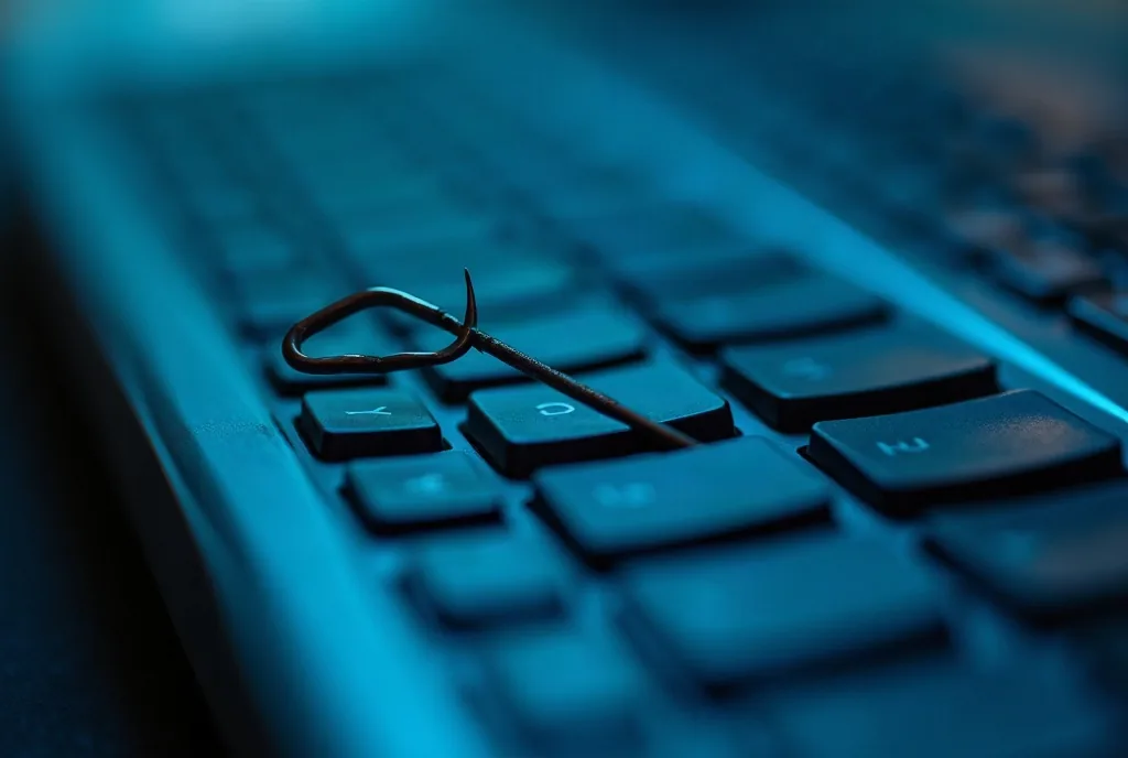 A fishing hook resting on a computer keyboard