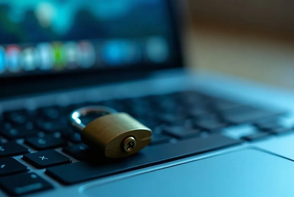 Small padlock resting on a laptop touchpad