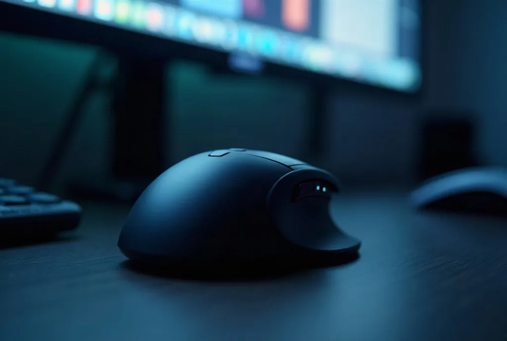 Computer mouse on a desk beside a screen glow