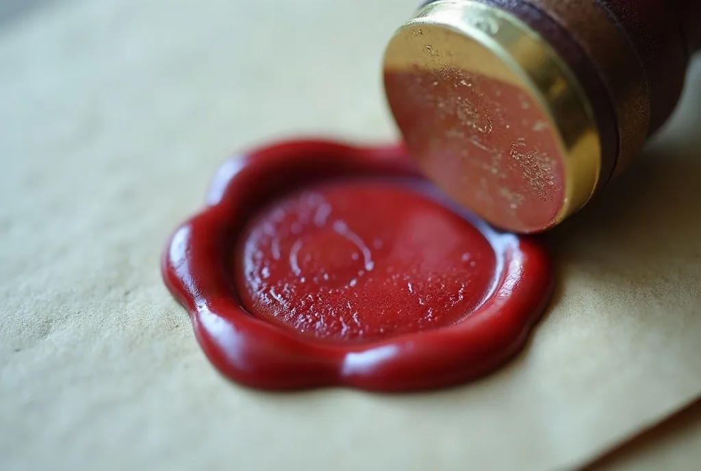 Red wax seal stamped on a paper envelope
