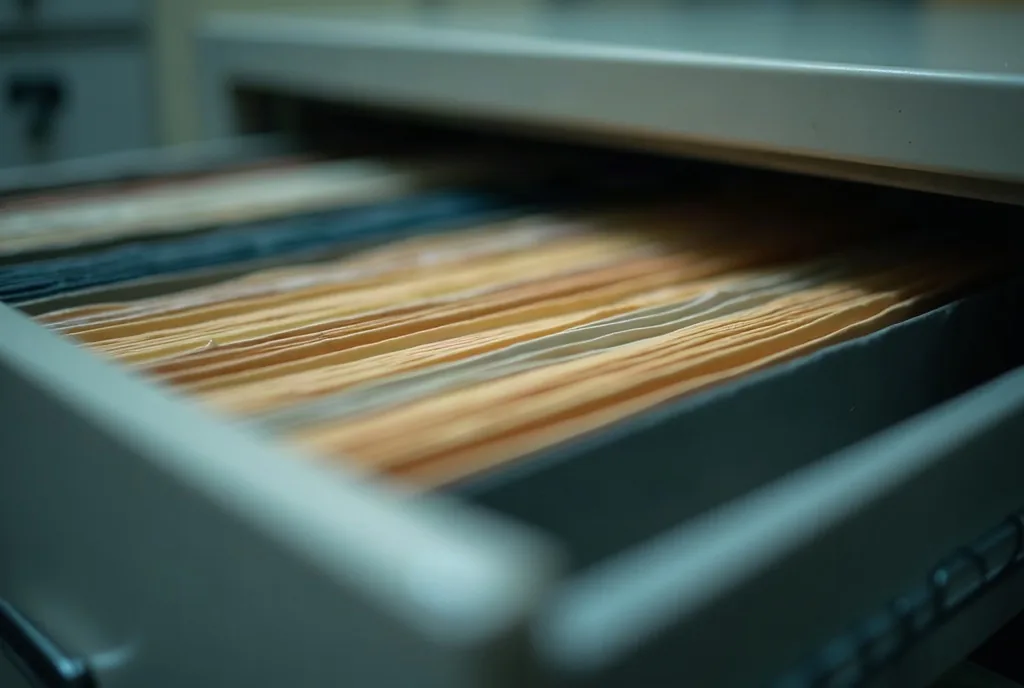 Open filing cabinet drawer full of paper folders