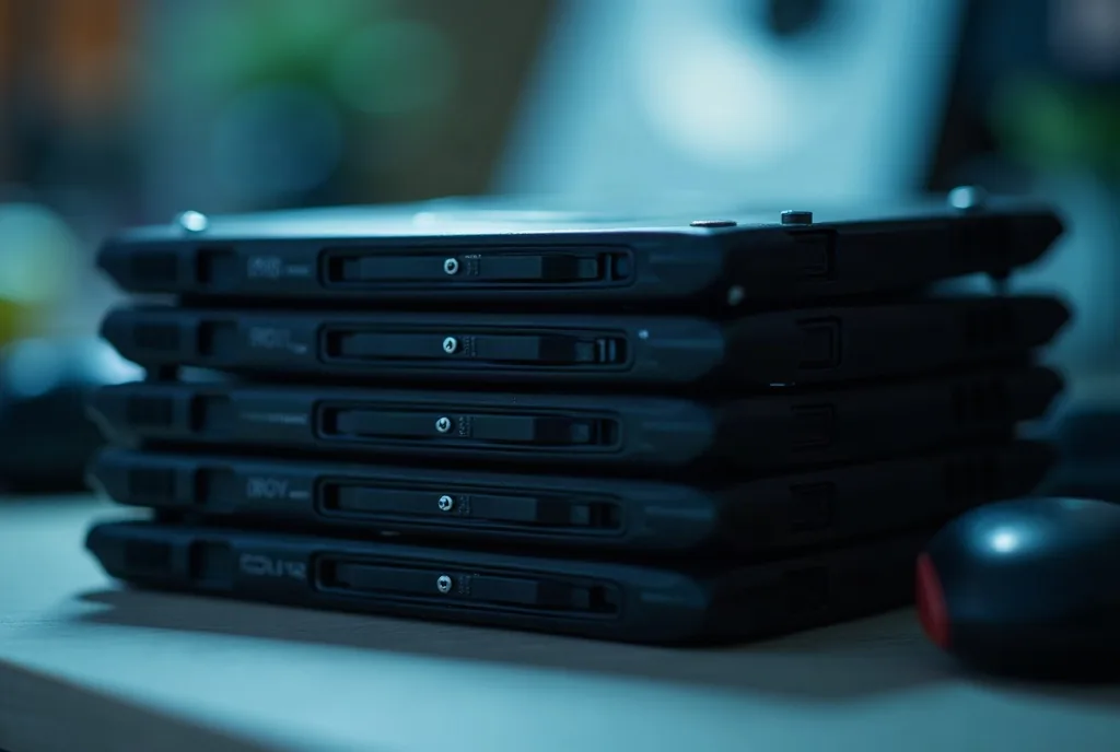External hard drives stacked on a desk