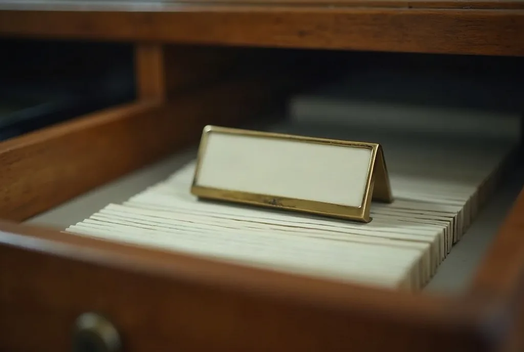 Brass name plate holder with a blank label above index cards in a wooden drawer