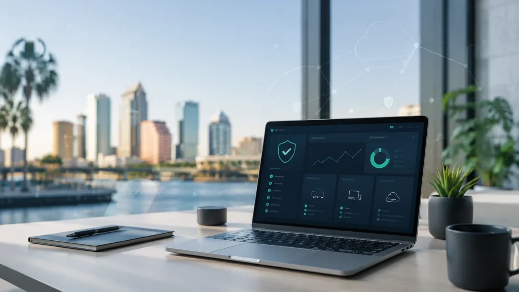 Laptop showing a security dashboard on an office desk, with the Tampa skyline and the waterfront through the window