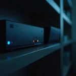 Small network backup appliance with status lights on a shelf in a dim office at night, closed laptop out of focus behind it