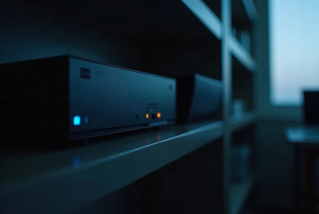 Small network backup appliance with status lights on a shelf in a dim office at night, closed laptop out of focus behind it