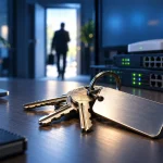 Keys with a blank tag left on an office desk, network switches behind and a person leaving through the door