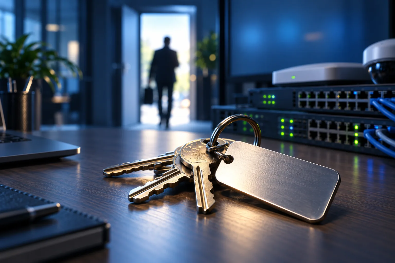 Keys with a blank tag left on an office desk, network switches behind and a person leaving through the door