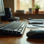 Worn office keyboard and mouse on a wooden desk, monitor out of focus behind, afternoon light through window blinds