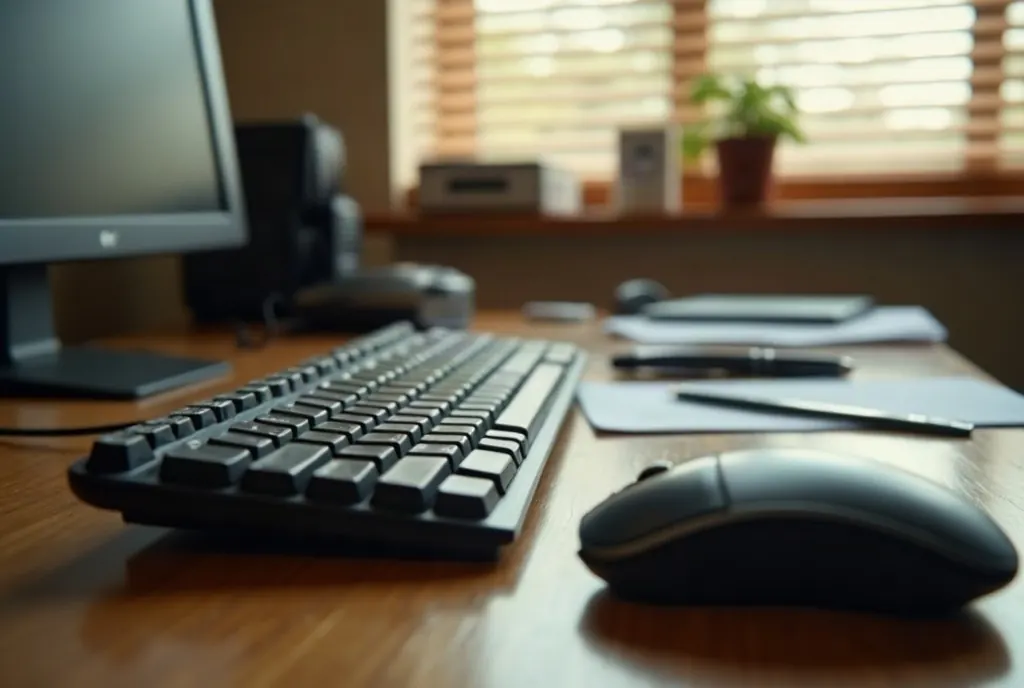 Worn office keyboard and mouse on a wooden desk, monitor out of focus behind, afternoon light through window blinds