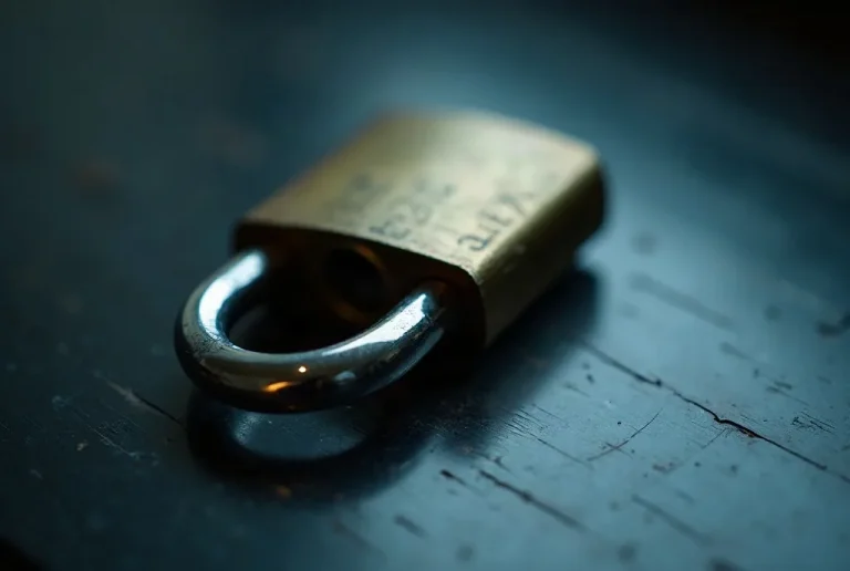 An open padlock hasp resting on a dark reflective surface