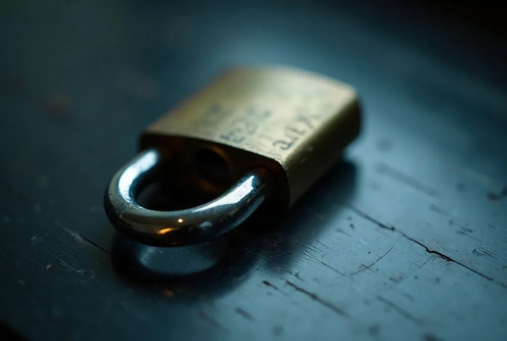 An open padlock hasp resting on a dark reflective surface