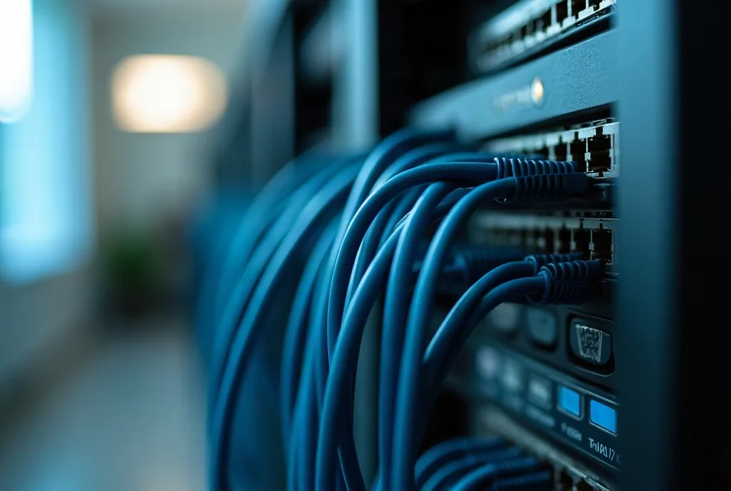 Small wall mounted network cabinet with tidy blue patch cables